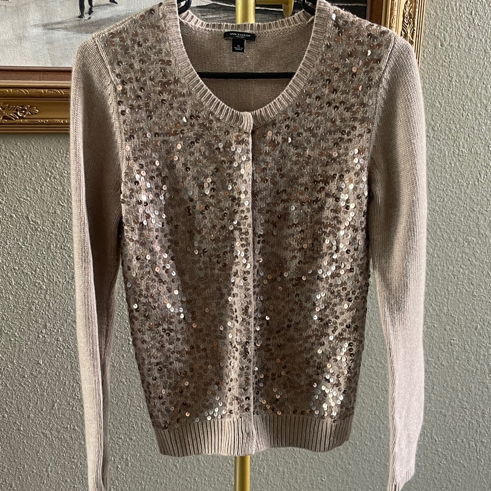 Ann Taylor Taupe Sequin Crewneck Cardigan